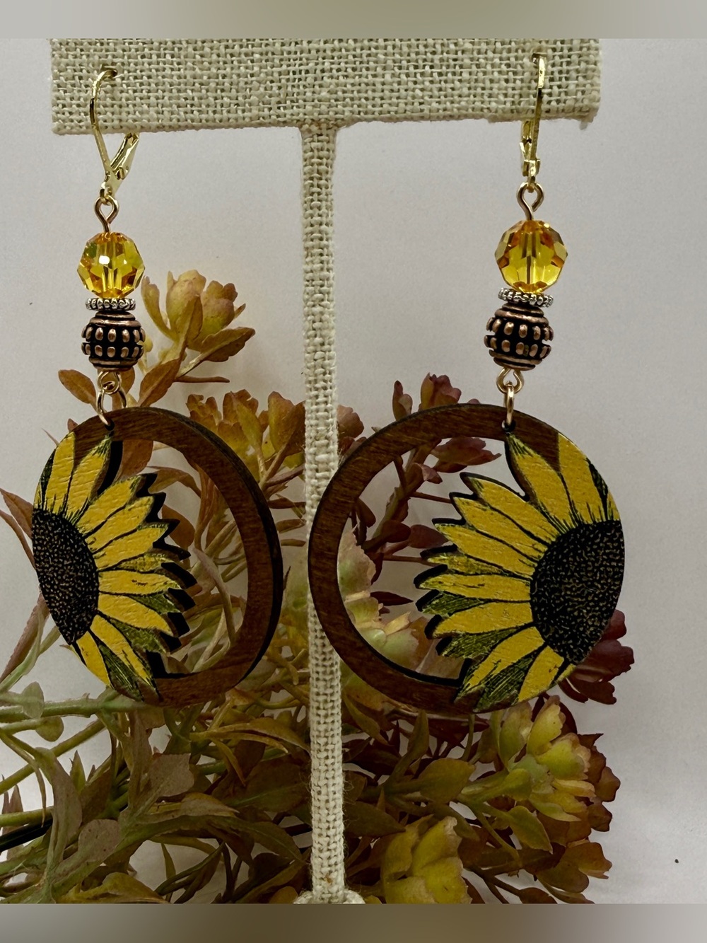 Sunflower Wooden Hoop Earrings - Yellow Floral Drop